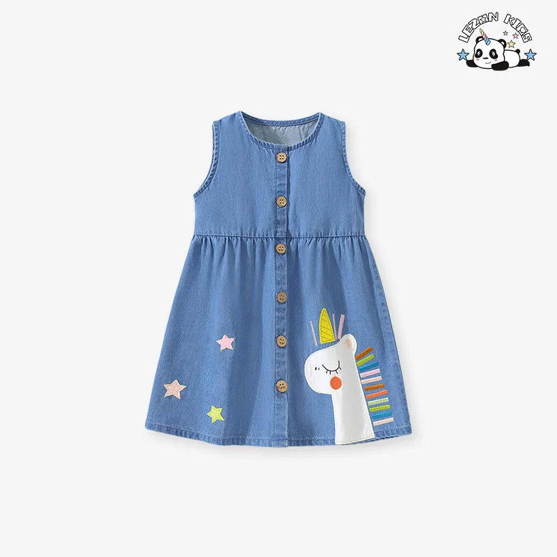 LEZONKIDS - Customizable Denim Frocks Girls 2-14 Years O-Neck Western Style Unicorn Print Button Decoration Girls Dress